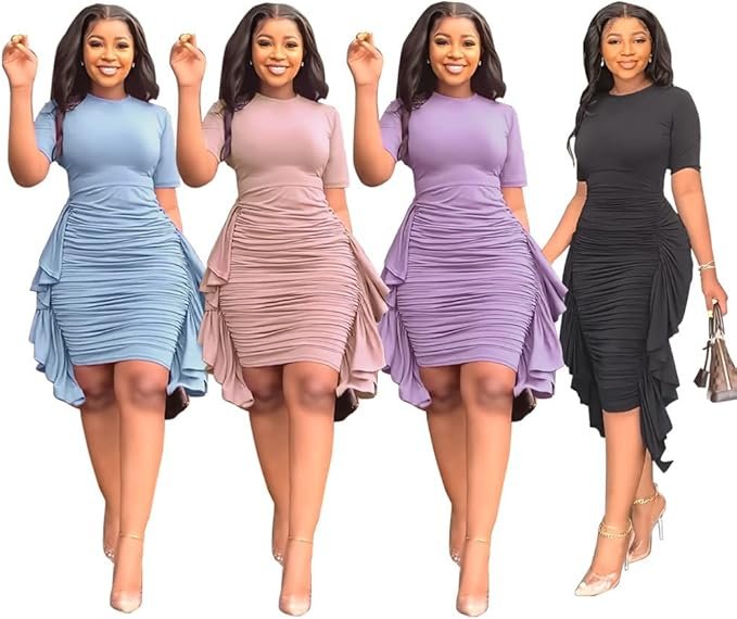 Acelyn Women’s Sexy Summer Ruched Bodycon Midi Dress Casual Short Sleeve Ruffle Side Fitted Dresses - Image 6