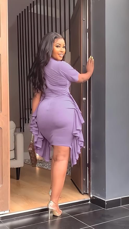 Acelyn Women’s Sexy Summer Ruched Bodycon Midi Dress Casual Short Sleeve Ruffle Side Fitted Dresses - Image 5
