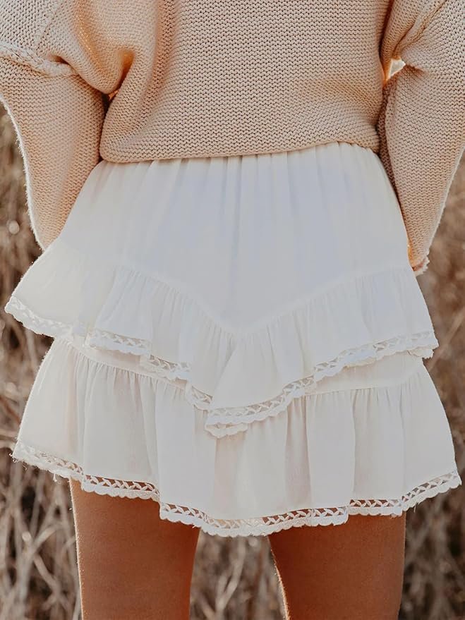 Aoudery Flowy Shorts for Women Casual Boho Ruffle Tiered Skorts High Waist Mini Skirts Golf Tennis Crochet Shorts - Image 3
