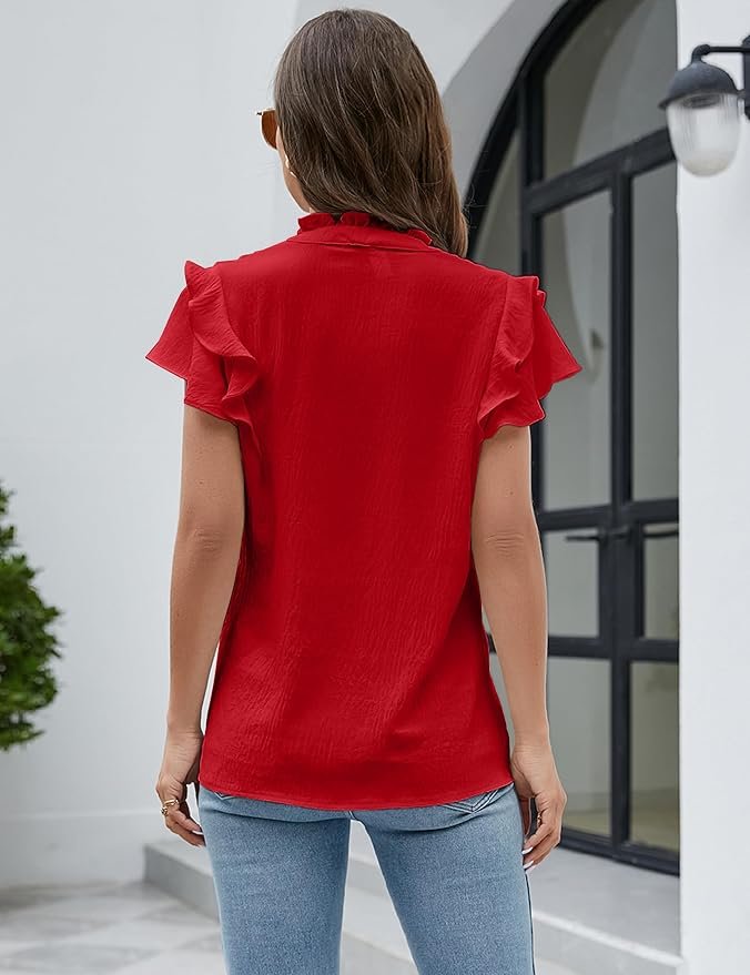 Blooming Jelly Womens Dressy Casual Tops Ruffle Short Sleeve V Neck Shirts Elegant Business Work Blouse - Image 5