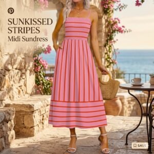 OFEEFAN Womens Spaghetti Strap Maxi Dresses Smocked with Pockets 2026 Summer Spring Casual Boho Beach Long Sundresses