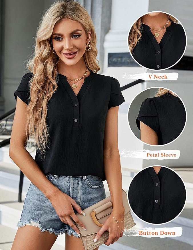 Blooming Jelly Women's Dressy Casual Tops Business Work Blouses Button Down Shirts Cap Sleeve V Neck Tshirt - Image 4