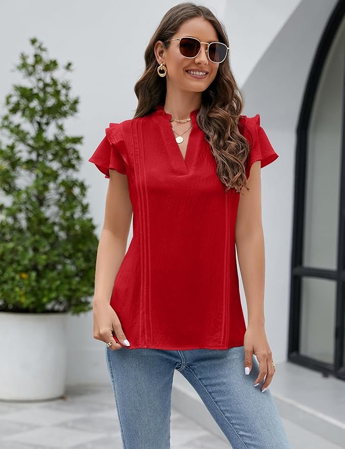Blooming Jelly Womens Dressy Casual Tops Ruffle Short Sleeve V Neck Shirts Elegant Business Work Blouse - Image 2