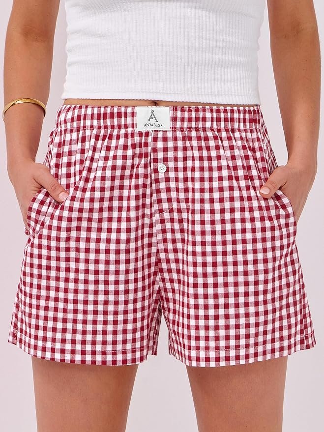 ANRABESS Boxer Shorts for Women Gingham Pajama 2026 Summer Casual Lounge Sleep Plaid Shorts Y2K Beach Bottoms - Image 5