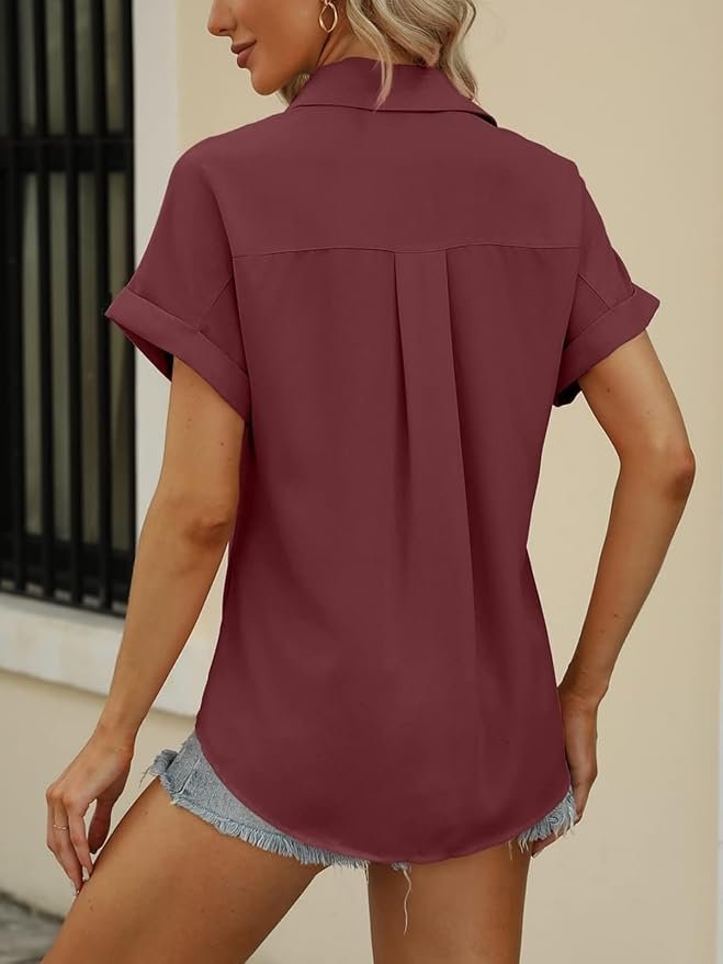 Beautife Button Down Shirts for Womens Short Sleeve Blouses V Neck Collared Casual Summer Tops with Pockets - Image 5