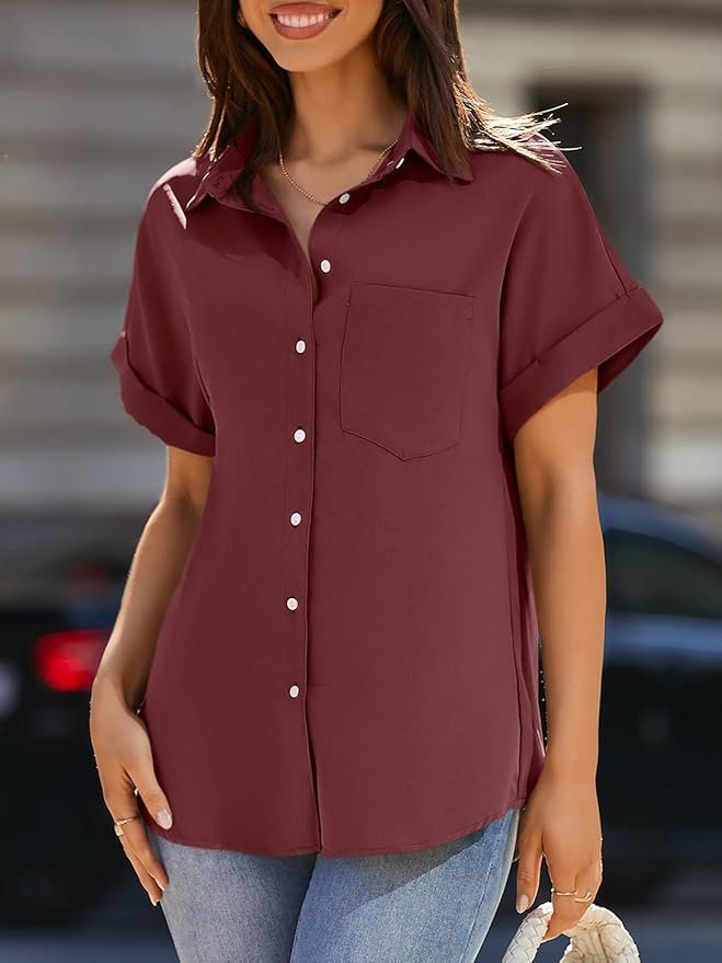 Beautife Button Down Shirts for Womens Short Sleeve Blouses V Neck Collared Casual Summer Tops with Pockets - Image 3