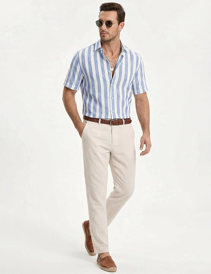 JMIERR Men's Casual Stylish Short Sleeve Button-Up Striped Dress Shirt Cotton Beach Shirts - Image 4