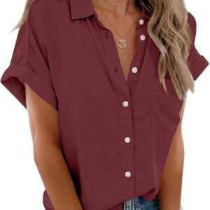 Beautife Button Down Shirts for Womens Short Sleeve Blouses V Neck Collared Casual Summer Tops with Pockets
