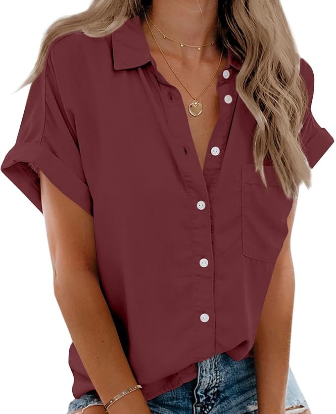 Beautife Button Down Shirts for Womens Short Sleeve Blouses V Neck Collared Casual Summer Tops with Pockets