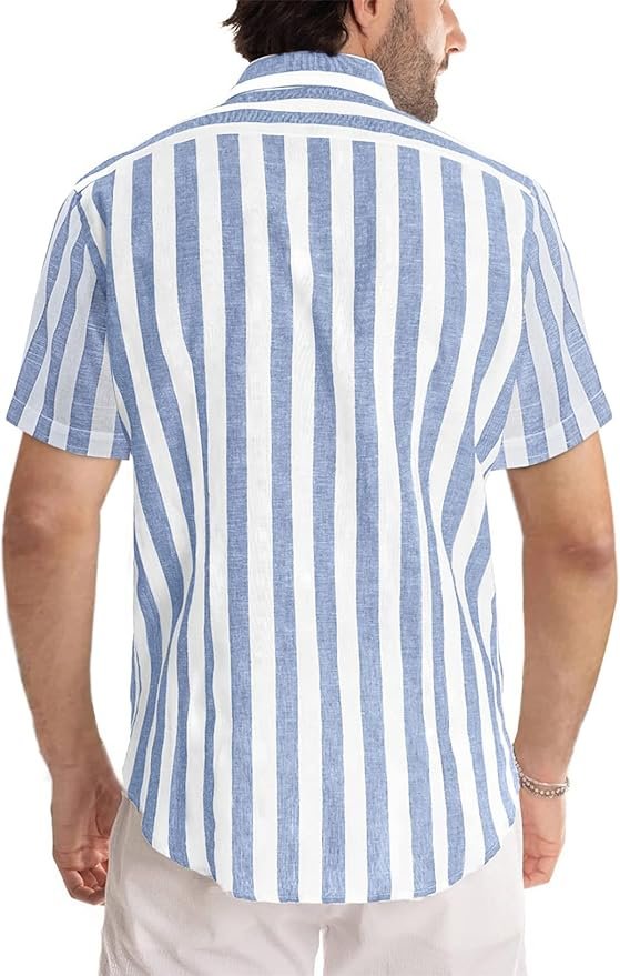 JMIERR Men's Casual Stylish Short Sleeve Button-Up Striped Dress Shirt Cotton Beach Shirts - Image 5