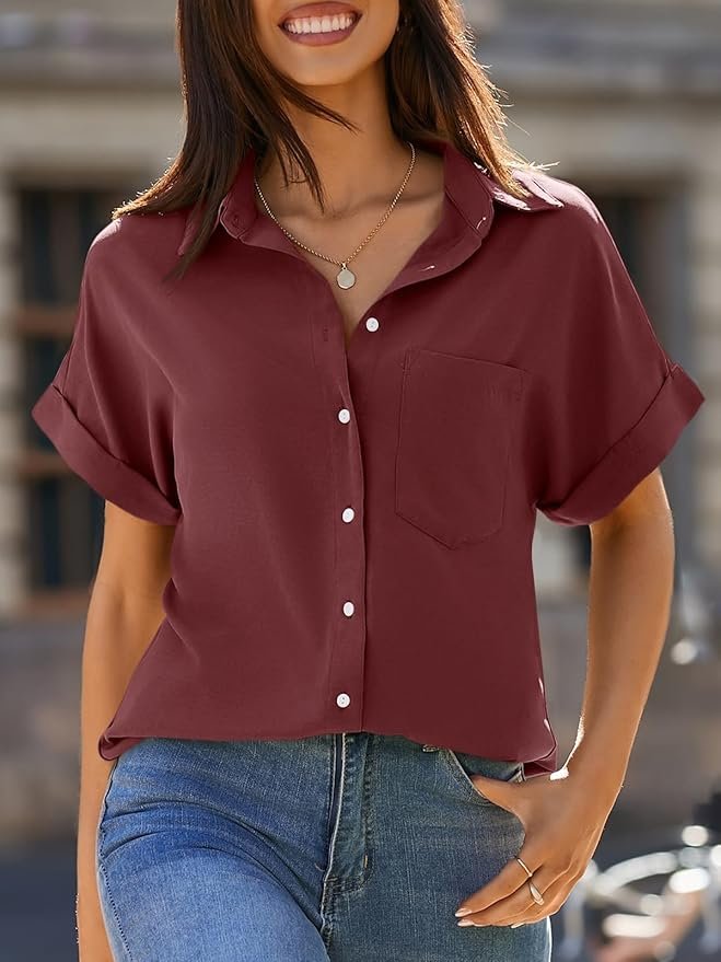 Beautife Button Down Shirts for Womens Short Sleeve Blouses V Neck Collared Casual Summer Tops with Pockets - Image 2