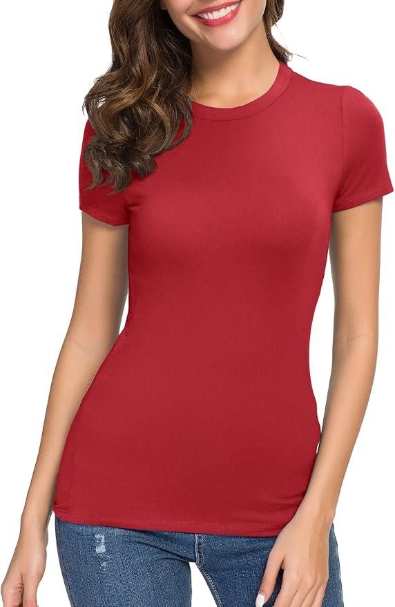 Women's Crewneck Slim Fitted Short Sleeve T-Shirt Stretchy Bodycon Basic Tee Tops - Image 3