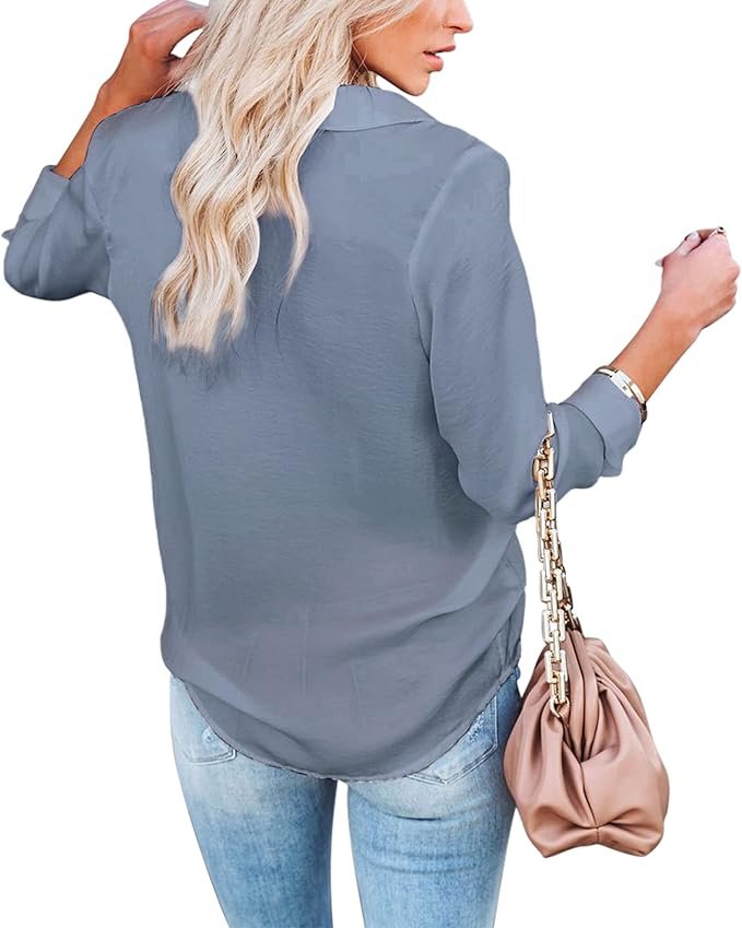 Diosun Womens Button Down V Neck Shirts Long/Short Sleeve Office Casual Business Plain Blouses Tops - Image 2
