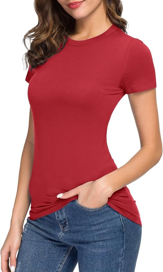 Women's Crewneck Slim Fitted Short Sleeve T-Shirt Stretchy Bodycon Basic Tee Tops - Image 5
