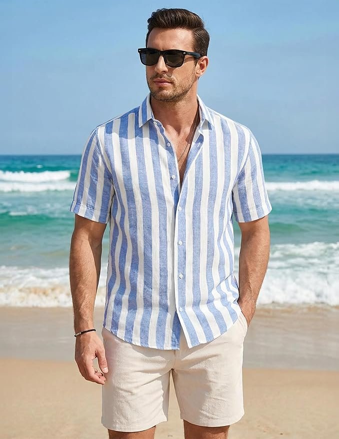 JMIERR Men's Casual Stylish Short Sleeve Button-Up Striped Dress Shirt Cotton Beach Shirts - Image 6