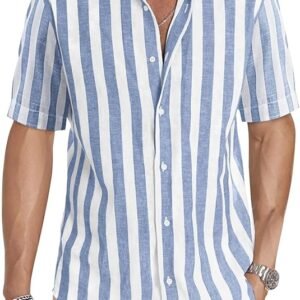 JMIERR Men's Casual Stylish Short Sleeve Button-Up Striped Dress Shirt Cotton Beach Shirts