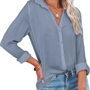 Diosun Womens Button Down V Neck Shirts Long/Short Sleeve Office Casual Business Plain Blouses Tops