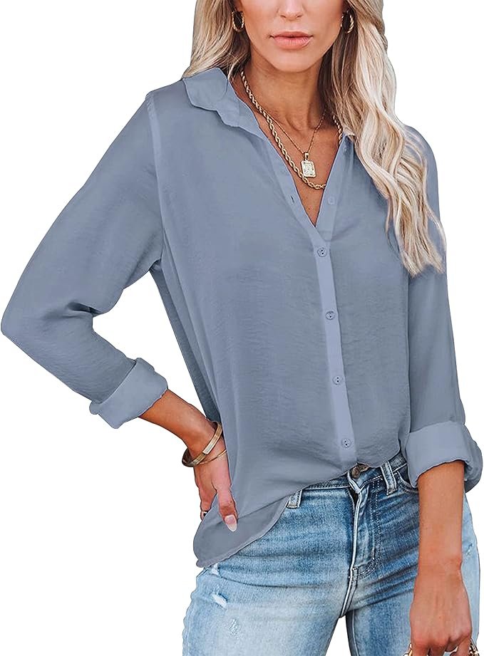 Diosun Womens Button Down V Neck Shirts Long/Short Sleeve Office Casual Business Plain Blouses Tops