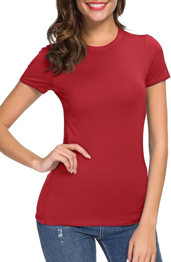 Women's Crewneck Slim Fitted Short Sleeve T-Shirt Stretchy Bodycon Basic Tee Tops - Image 2