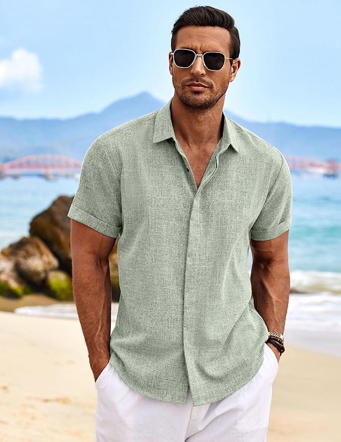 COOFANDY Men's Linen Shirts Short Sleeve Casual Shirts Button Down Shirt for Men Beach Summer Wedding Shirt - Image 5