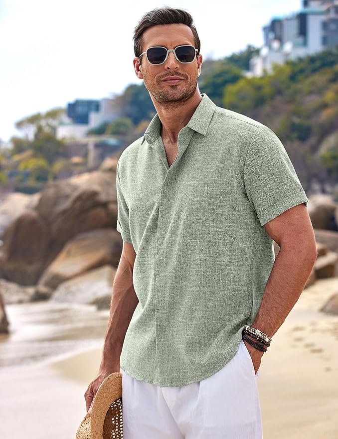 COOFANDY Men's Linen Shirts Short Sleeve Casual Shirts Button Down Shirt for Men Beach Summer Wedding Shirt - Image 2