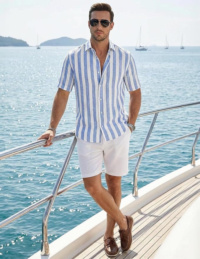 JMIERR Men's Casual Stylish Short Sleeve Button-Up Striped Dress Shirt Cotton Beach Shirts - Image 7