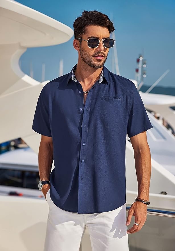 COOFANDY Men's Casual Linen Shirts Short Sleeve Button Down Shirt Summer Beach Tops - Image 2