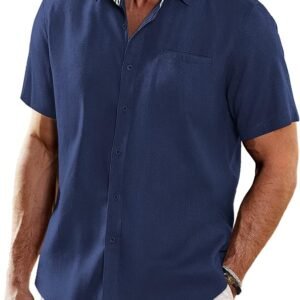 COOFANDY Men's Casual Linen Shirts Short Sleeve Button Down Shirt Summer Beach Tops